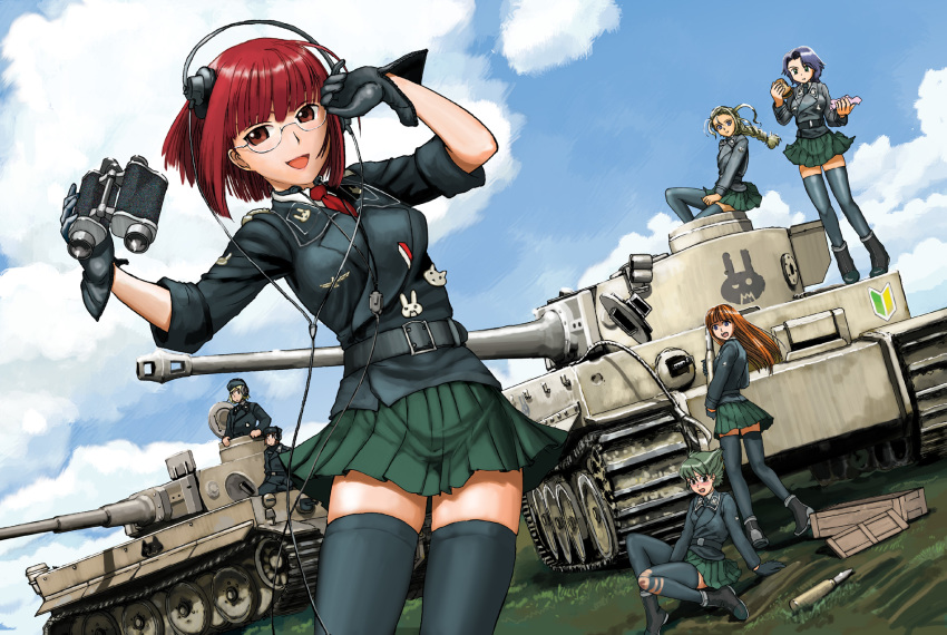 2boys, 5girls, akiyama_yoshika, bangs, belt, binoculars, black_belt, black_footwear, black_gloves, black_jacket, black_legwear, blonde_hair, blood, blue_eyes, blue_sky, blunt_bangs, blush, bob_cut, boots, braid, brown_hair, caterpillar_tracks, clouds, cloudy_sky, day, dress_shirt, dutch_angle, eating, erika_badoglio, food, frown, garrison_cap, glasses, gloves, green_skirt, grey_hair, ground_vehicle, gun, hat, headphones, highres, hildegarde_keil, holding, holding_binoculars, holding_food, injury, jacket, jennifer_legault, leaning_back, long_hair, long_sleeves, looking_at_viewer, machine_gun, mg34, military, military_hat, military_uniform, military_vehicle, miniskirt, moeyo!_sensha_gakkou, motor_vehicle, multiple_boys, multiple_girls, natalya_gorbachev, nazi, necktie, nogami_takeshi, on_vehicle, open_mouth, outdoors, pleated_skirt, red_eyes, red_neckwear, redhead, shirt, short_hair, shoshinsha_mark, single_braid, sitting, skirt, skirt_tug, sky, sleeves_rolled_up, smile, standing, tank, tank_shell, tearing_up, tears, thigh-highs, throat_microphone, tiger_i, torn_clothes, torn_legwear, translated, uniform, war, weapon, white_shirt, wind, wing_collar, world_war_ii, zettai_ryouiki