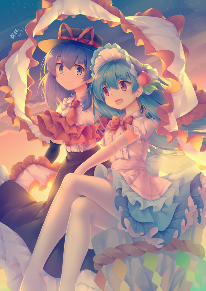 2girls, alternate_costume, alternate_headwear, black_skirt, blue_hair, blue_skirt, bonnet, bow