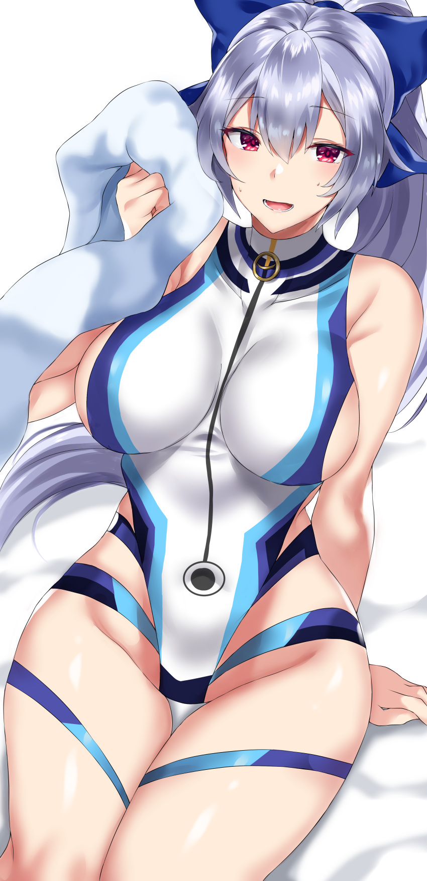 1girl, absurdres, bangs, blue_bow, blue_swimsuit, blush, bow, breasts