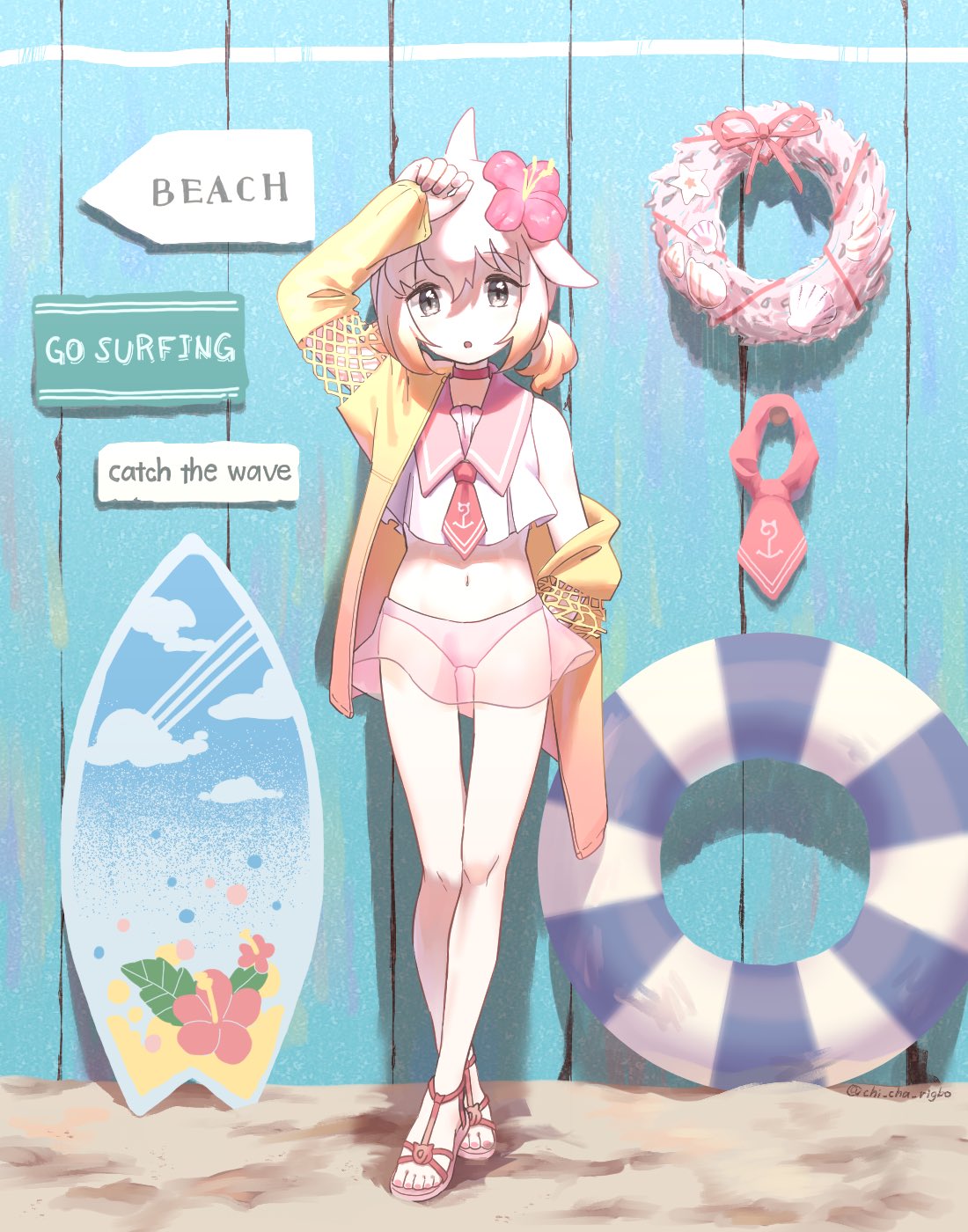1girl, adapted_costume, anchor_symbol, bare_shoulders, bikini, bikini_skirt, blonde_hair, bow