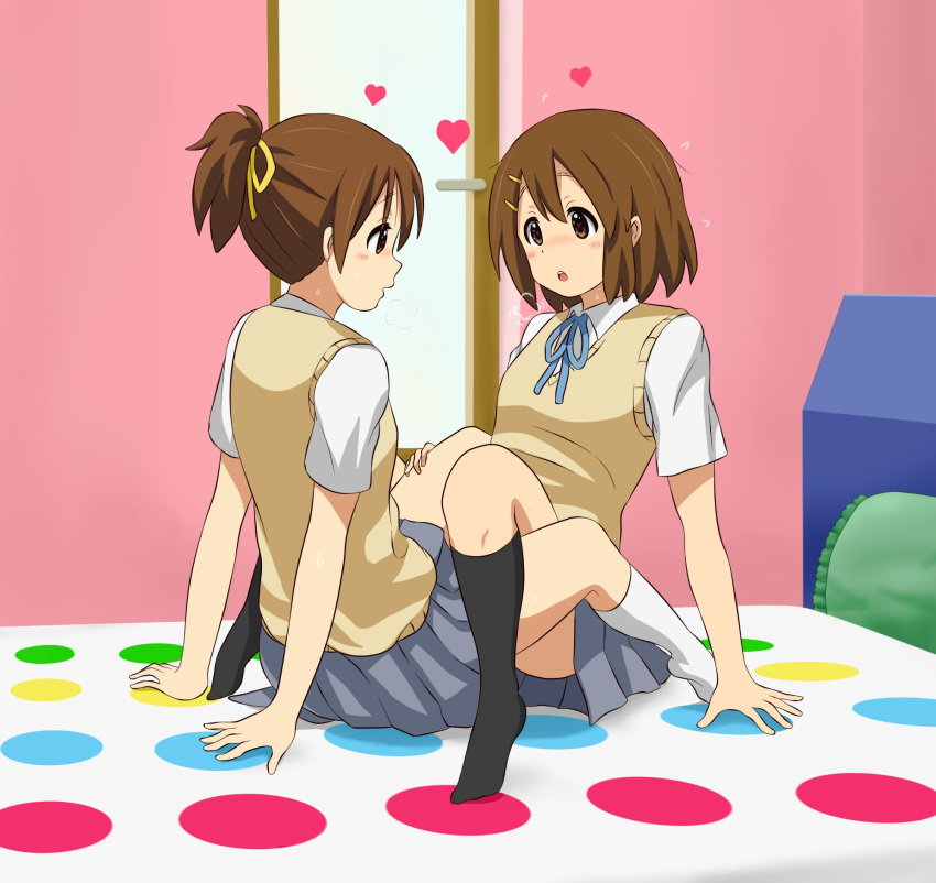 2girls, all_fours, arm_support, black_legwear, blue_neckwear, blush, brown_eyes, brown_hair