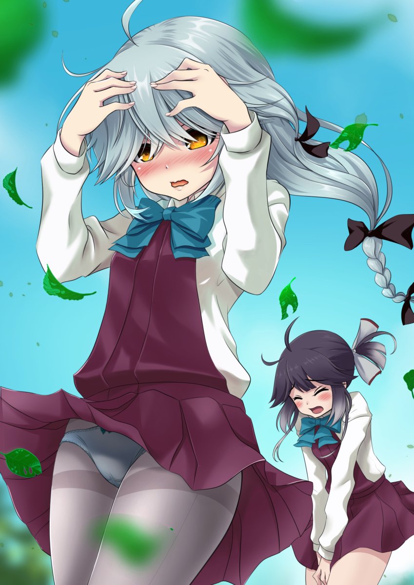 2girls, ahoge, black_hair, black_ribbon, blue_panties, blue_sky, braid, brown_eyes