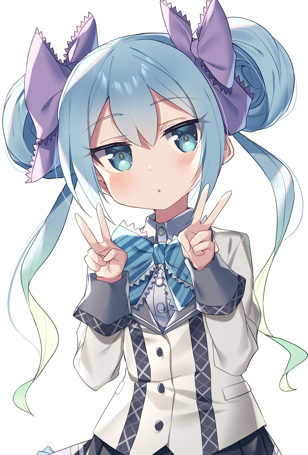1girl, bangs, black_skirt, blue_bow, blue_eyes, blue_hair, blush, bow