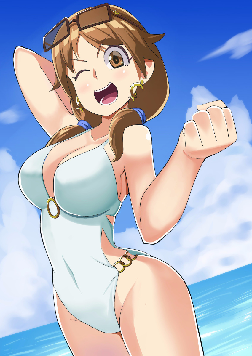 1girl, absurdres, blue_sky, breasts, brown_eyes, brown_hair, casual_one-piece_swimsuit, clenched_hand