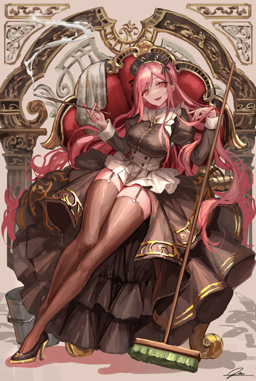 1girl, black_footwear, broom, brown_legwear, chair, commentary_request, eyebrows_visible_through_hair, eyelashes