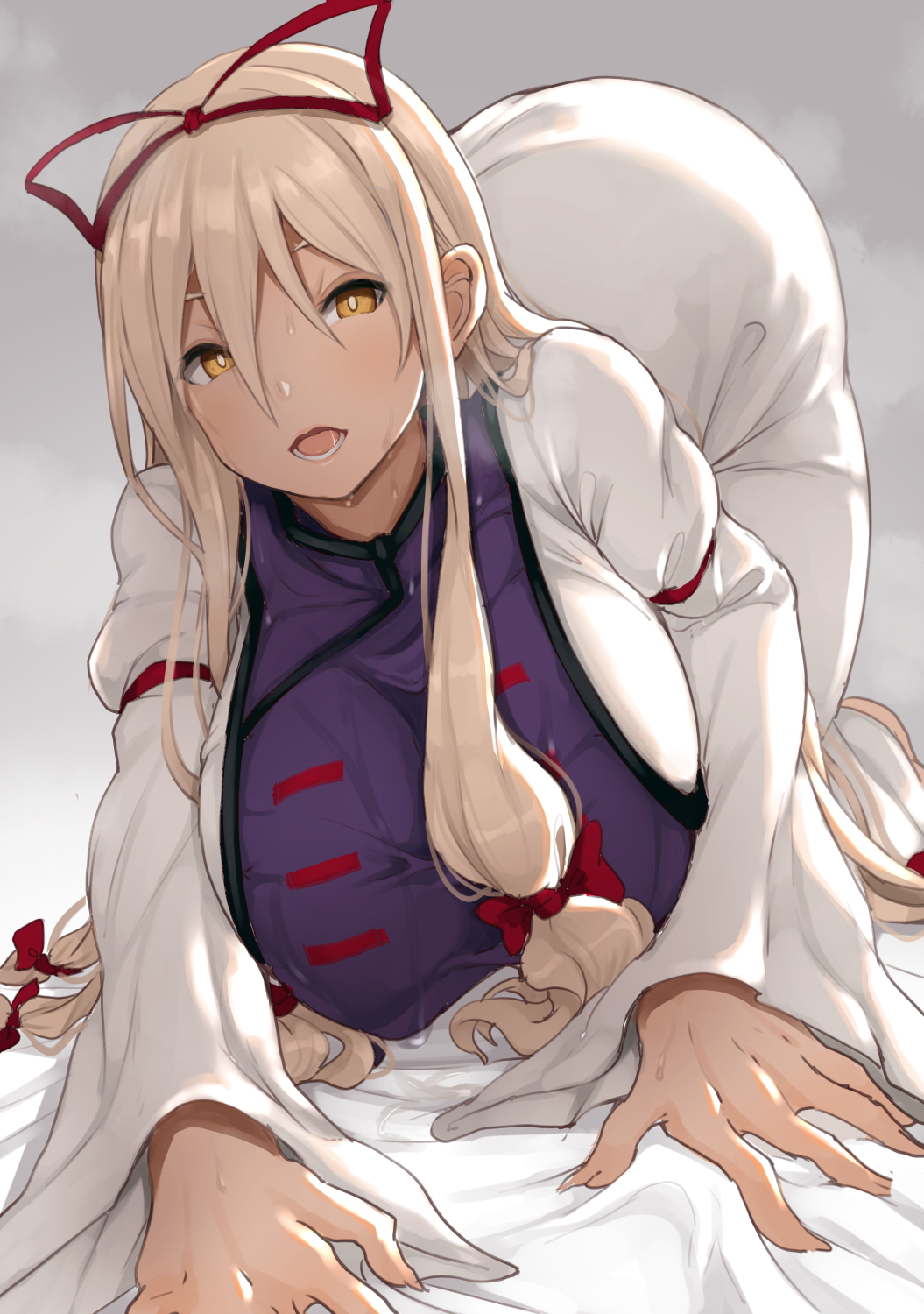 1girl, all_fours, alternate_headwear, arm_strap, ass, bangs, blonde_hair, blush, breasts, bright_pupils, commentary_request, crawling, dress, ears, eyebrows_visible_through_hair, fingernails, full_body, hair_between_eyes, hair_ribbon, half-closed_eyes, hanging_breasts, head_tilt, heavy_breathing, highres, huge_breasts, lips, long_sleeves, looking_past_viewer, naughty_face, opanchu_(hakusen), open_mouth, outline, parted_bangs, pov, puffy_long_sleeves, puffy_sleeves, red_ribbon, ribbon, sharp_fingernails, shiny, shiny_clothes, shiny_hair, sidelighting, sidelocks, solo, steam, sweat, sweatdrop, tabard, teeth, tongue, top-down_bottom-up, touhou, tress_ribbon, white_dress, white_pupils, wide_sleeves, yakumo_yukari, yellow_eyes