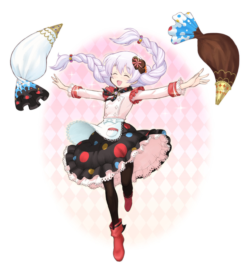 1girl, :>, ^_^, alternate_costume, alternate_hairstyle, ankle_boots, apron, argyle, argyle_background, beige_shirt, black_legwear, black_neckwear, black_skirt, boots, braid, candy, child, chocolate, chocolate_hair_ornament, chocolate_heart, closed_eyes, dot_nose, eyebrows_visible_through_hair, floating_hair, food, frilled_skirt, frilled_sleeves, frills, full_body, gradient, gradient_background, hair_between_eyes, hair_bobbles, hair_ornament, happy, heart, heart_hair_ornament, highres, laughing, light_blush, long_sleeves, magia_record:_mahou_shoujo_madoka_magica_gaiden, mahou_shoujo_madoka_magica, mahou_shoujo_madoka_magica_movie, momoe_nagisa, multicolored, multicolored_clothes, multicolored_skirt, neckerchief, open_mouth, outstretched_arms, pantyhose, pastry_bag, pink_background, polka_dot, polka_dot_neckwear, polka_dot_skirt, red_footwear, red_ribbon, ribbon, ryunosuke1973, sidelocks, simple_background, skirt, solo, soul_gem, sparkle, standing, standing_on_one_leg, tareme, twin_braids, waist_apron, white_apron, white_background, white_hair