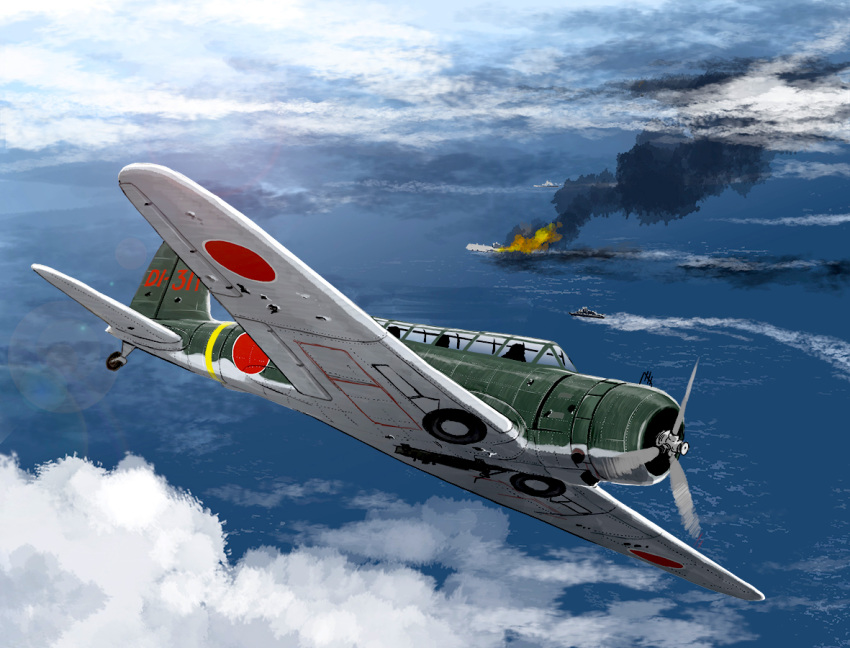 aircraft, airplane, b5n, clouds, damaged, fire, flying, gun