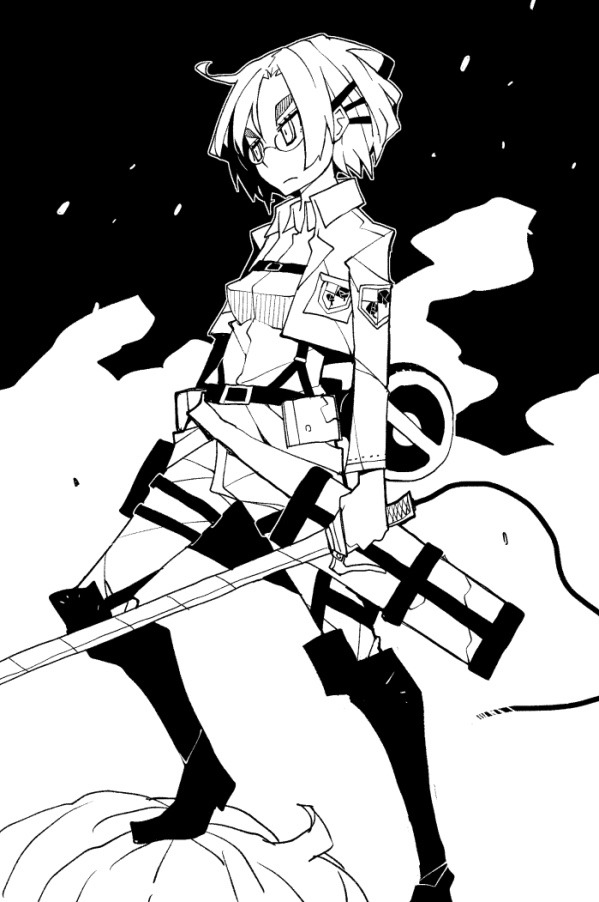 1girl, bangs, belt, boots, breasts, closed_mouth, dowman_sayman, emblem