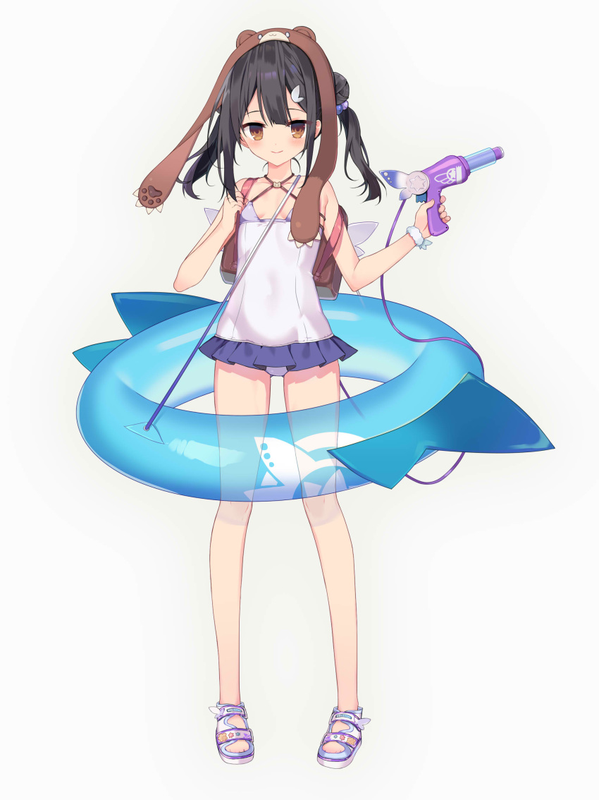 1girl, absurdres, animal_hat, backpack, bag, bangs, black_hair, breasts