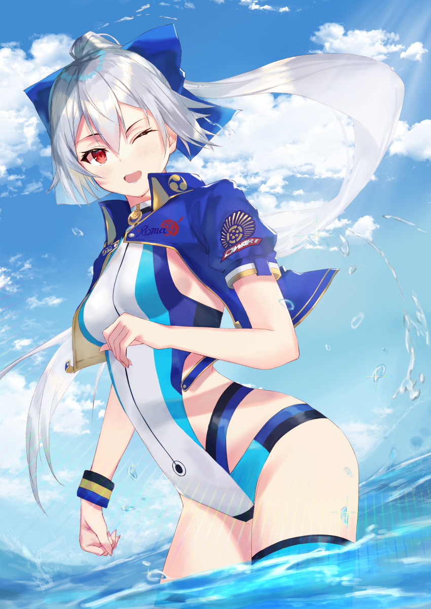 1girl, absurdres, bangs, blue_bow, blue_jacket, blue_sky, blue_swimsuit, blush
