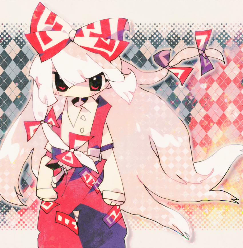 1girl, bangs, blush, bow, fujiwara_no_mokou, hair_bow, highres, long_hair