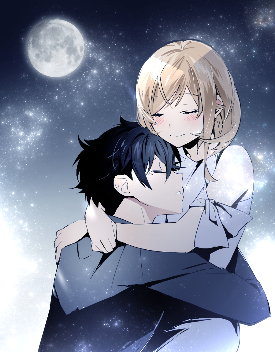 1boy, 1girl, arms_around_neck, bare_shoulders, black_hair, blush, closed_eyes, closed_mouth