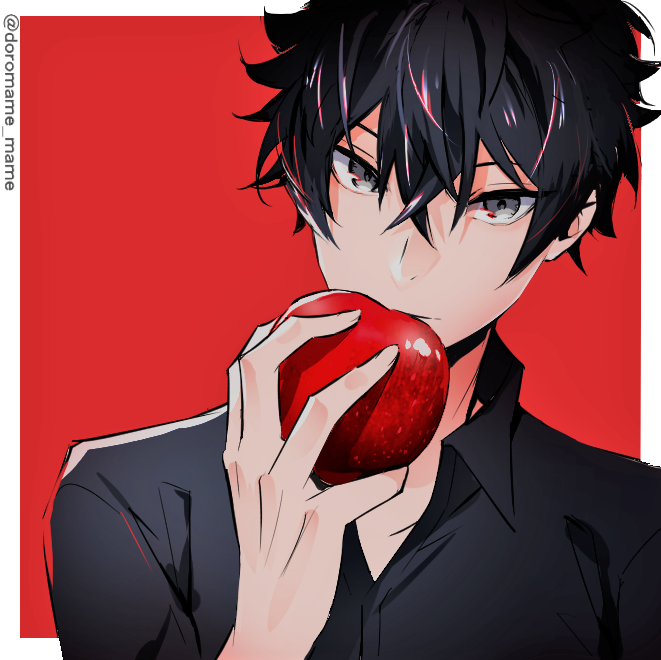 1boy, apple, bangs, black_hair, black_jacket, black_shirt, collared_shirt, commentary_request