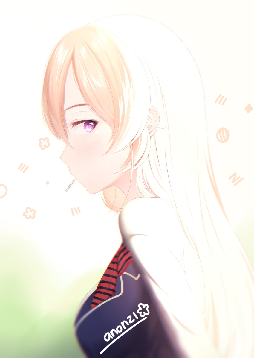 1girl, anonzi, artist_name, backlighting, bangs, blonde_hair, blush, breasts, food, food_in_mouth, from_side, highres, in_mouth, large_breasts, light, long_hair, looking_at_viewer, mouth_hold, nakiri_erina, profile, red_neckwear, shokugeki_no_souma, solo, striped, striped_neckwear, tootsuki_saryou_ryouri_gakuen_uniform, upper_body, violet_eyes