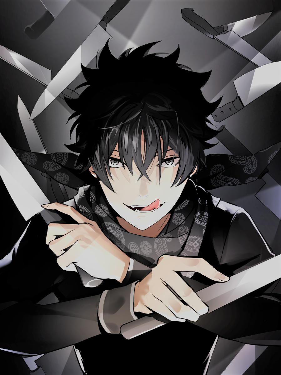 1boy, :q, bangs, black_eyes, black_hair, black_jacket, black_scarf, black_shirt