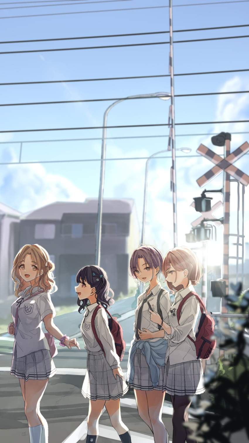 4girls, absurdres, asakura_tooru, backpack, bag, bangs, black_hair, black_legwear, black_neckwear, blue_jacket, blue_sky, blurry, blurry_background, breast_pocket, brown_hair, building, clothes_around_waist, clouds, commentary_request, day, earrings, flower, fukumaru_koito, gradient_hair, grey_skirt, hair_flower, hair_ornament, hair_ribbon, highres, higuchi_madoka, ichikawa_hinana, idolmaster, idolmaster_shiny_colors, jacket, jacket_around_waist, jewelry, lamppost, long_hair, long_sleeves, loose_necktie, medium_hair, miniskirt, multicolored_hair, multiple_girls, neck_ribbon, necktie, noctchill_(idolmaster), outdoors, overhead_line, pantyhose, parted_bangs, pekoni_(peconi), pen_in_pocket, plaid, plaid_skirt, pleated_skirt, pocket, power_lines, railroad_crossing, railroad_signal, ribbon, road, road_sign, school_uniform, scrunchie, shirt, short_hair, short_sleeves, side_bun, sign, skirt, sky, sleeves_rolled_up, street, sunlight, twintails, violet_eyes, white_legwear, white_shirt, wrist_scrunchie