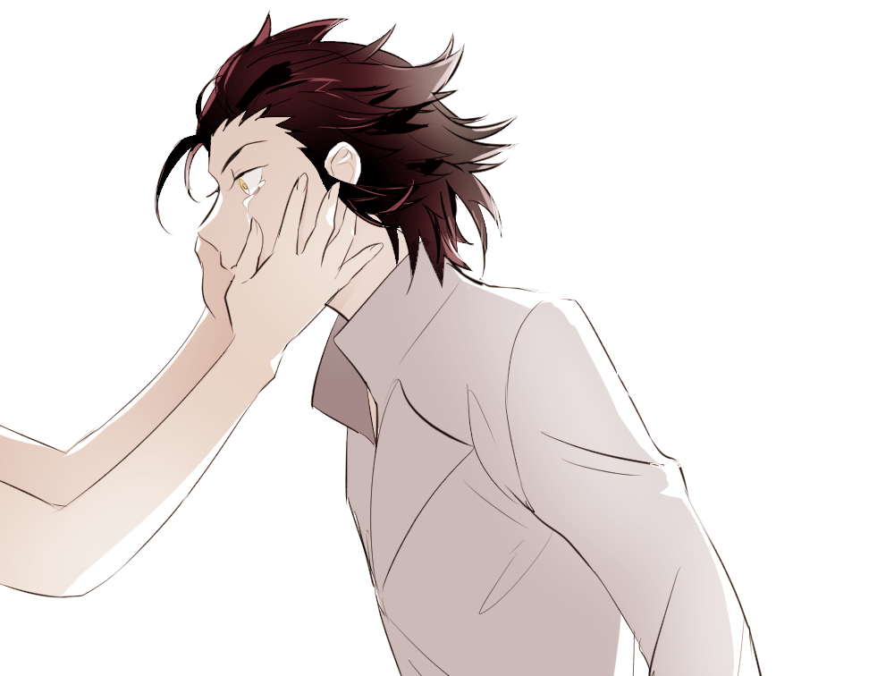 1boy, 1other, collared_shirt, commentary_request, from_side, hands_on_another's_cheeks, hands_on_another's_face, long_sleeves, male_focus, redhead, shirt, shokugeki_no_souma, short_hair, simple_background, solo_focus, tears, uiui_(hage04195), upper_body, white_background, white_shirt, yellow_eyes, yukihira_jouichirou