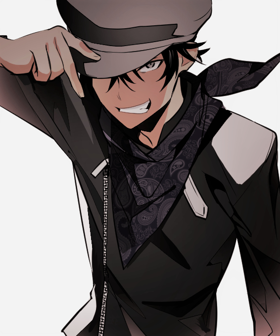 1boy, bangs, black_hair, black_scarf, black_shirt, brown_headwear, commentary_request, grey_background