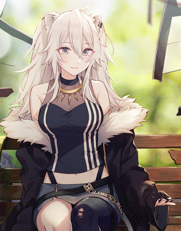 1girl, ahoge, animal_ears, bare_shoulders, black_nails, blush, breasts, earrings