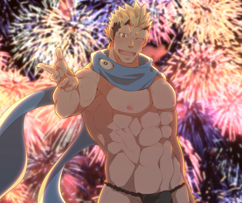 1boy, abs, absurdres, bara, black_hair, blonde_hair, blush, bulge