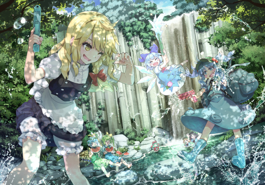 6+girls, apron, backpack, bag, barefoot, black_skirt, blonde_hair, bloomers