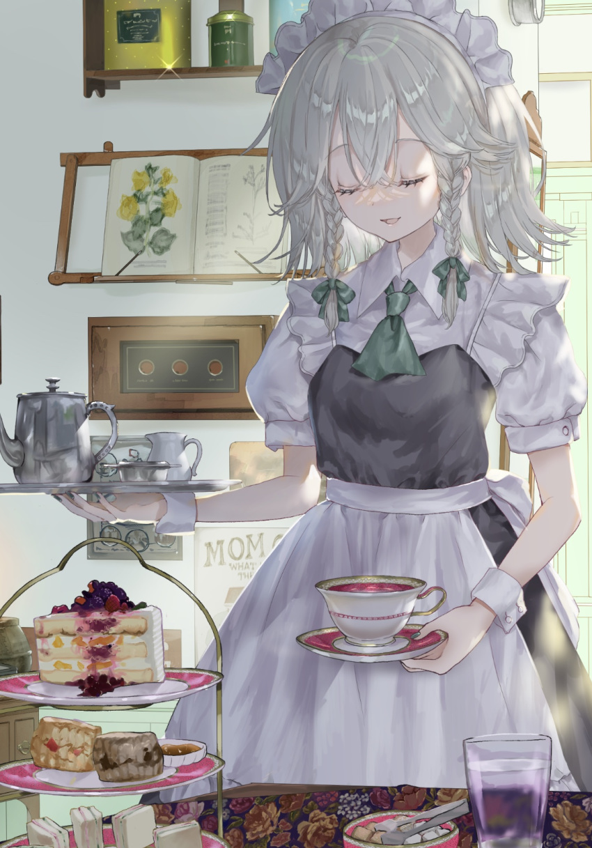 1girl, apron, bangs, black_dress, book, bow, braid, buttons