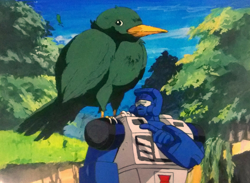 1980s_(style), animal, animal_on_shoulder, autobot, beachcomber_(transformers), beak, bird, bird_on_shoulder, blue_sky, feathers, forest, highres, marble-v, mecha, mountainous_horizon, nature, oldschool, oversized_animal, pointing, sky, transformers, tree, visor