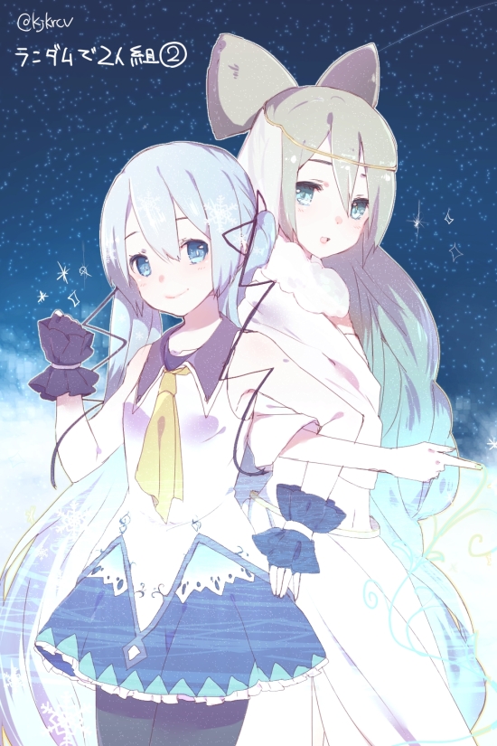 2girls, aqua_eyes, bare_shoulders, blue_eyes, blue_skirt, circlet, clenched_hand, collar, collared_shirt, cowboy_shot, dual_persona, fingerless_gloves, fur-trimmed_shirt, fur_trim, gloves, green_hair, hair_ribbon, hand_up, hatsune_miku, holy_goddess_(module), index_finger_raised, lady-ichiko, legwear_under_shorts, light_blue_hair, locked_arms, long_hair, looking_at_viewer, midriff, multiple_girls, navel, necktie, night, night_sky, open_mouth, pantyhose, project_diva_(series), purple_collar, purple_gloves, ribbon, shirt, shorts, skirt, sky, sleeveless, sleeveless_shirt, smile, standing, star_(sky), starry_sky, twintails, twitter_username, very_long_hair, vocaloid, white_shirt, white_skirt, yellow_neckwear, yuki_miku, yuki_miku_(2014)