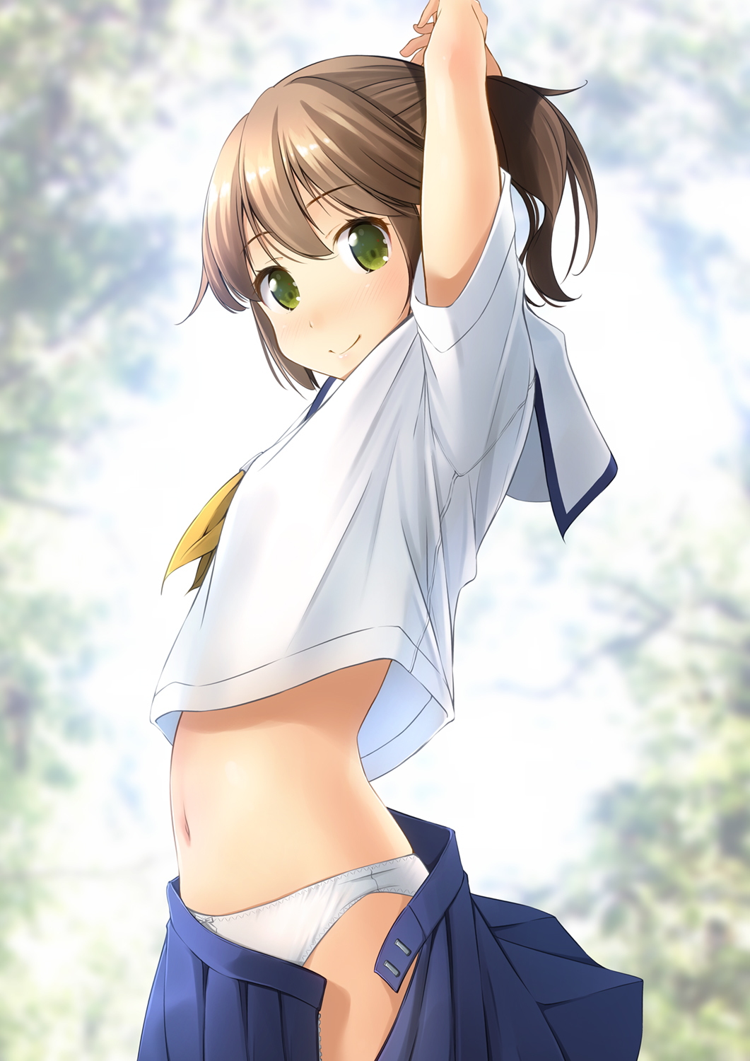 1girl, arms_up, bangs, blue_skirt, blurry, blurry_background, blush, bow