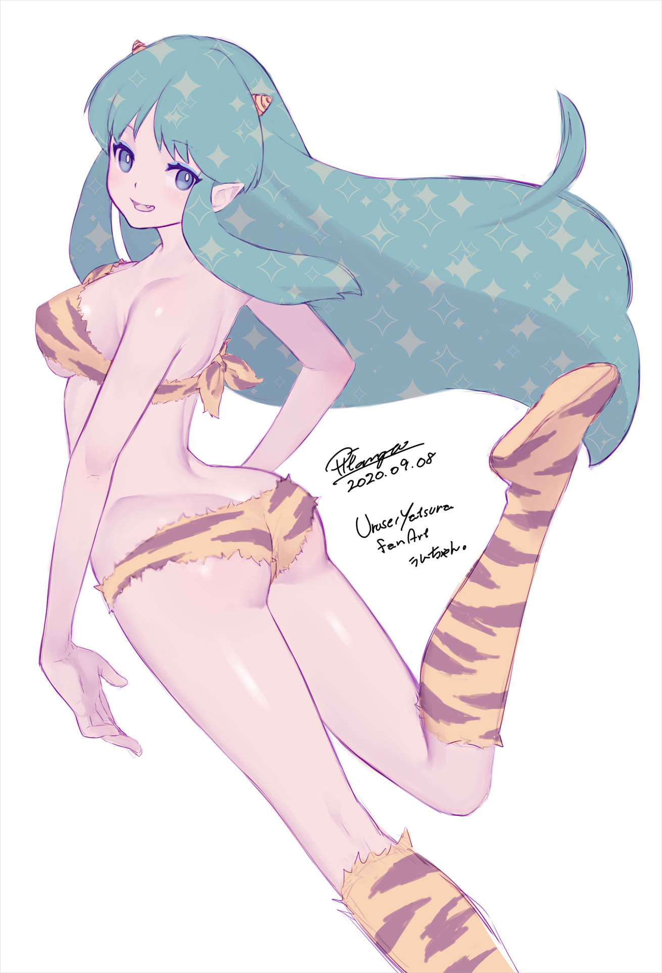 1girl, :d, animal_print, aqua_hair, artist_name, ass, bangs, bare_arms
