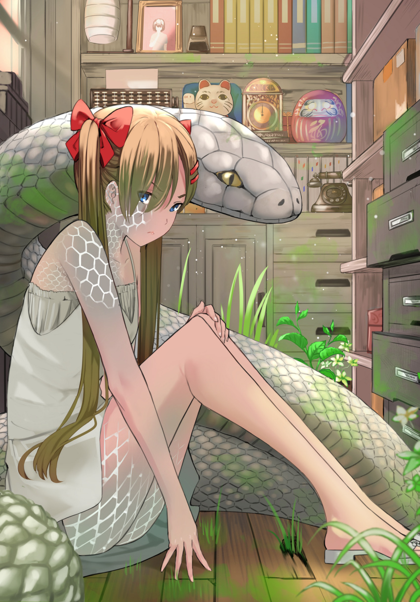 1girl, blue_eyes, bookshelf, bow, brown_hair, file_cabinet, flower, grass, green_hair, hair_between_eyes, hair_ornament, hairclip, hand_on_own_knee, highres, indoors, knees_up, maneki-neko, nonh_(wormoftank), nure_onna, original, phone, photo_(object), red_bow, sandals, scales, sitting, snake, twintails, wooden_floor, yellow_eyes