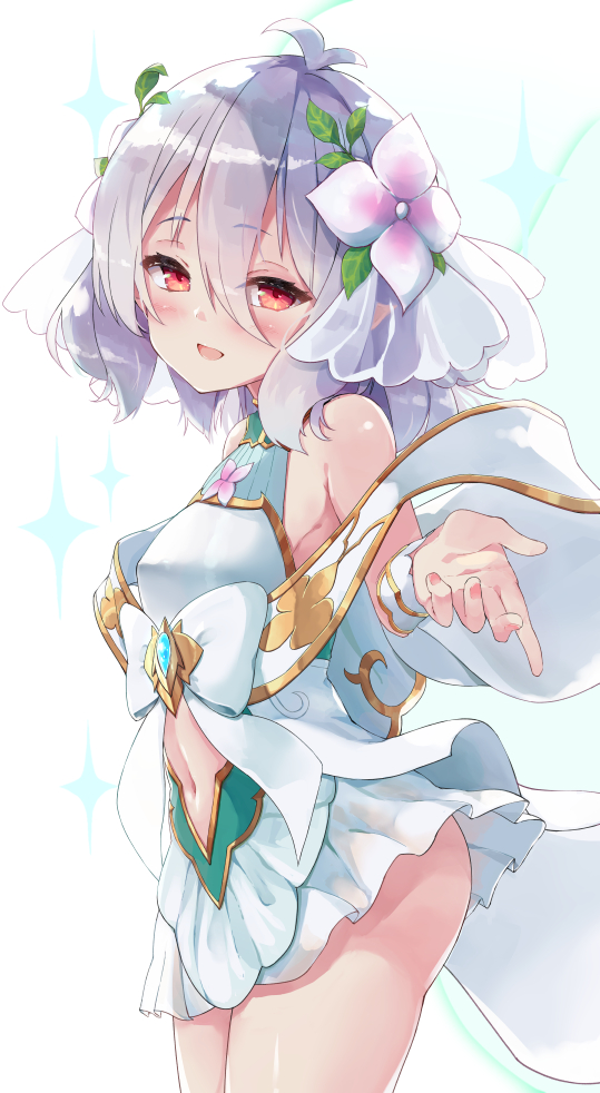 1girl, :d, antenna_hair, bangs, bare_shoulders, blush, bow, breasts, commentary_request, dress, eyebrows_visible_through_hair, flower, hair_between_eyes, hair_flower, hair_ornament, hand_up, kokkoro_(princess_connect!), looking_at_viewer, looking_to_the_side, navel, navel_cutout, nyahu_(nyahu_77), open_mouth, pink_flower, pleated_dress, princess_connect!, princess_connect!_re:dive, princess_form_(princess_connect!), purple_flower, red_eyes, see-through, silver_hair, sleeveless, sleeveless_dress, small_breasts, smile, solo, sparkle, white_bow, white_dress