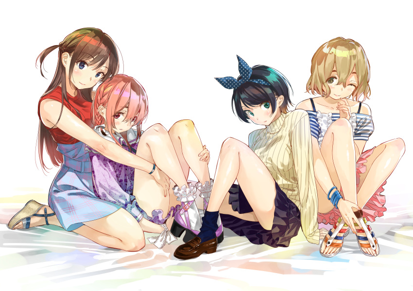 4girls, absurdres, aqua_eyes, bangle, bangs, black_hair, black_legwear, black_skirt, blue_hairband, blue_skirt, bow, bracelet, brown_footwear, brown_hair, crossed_ankles, hair_between_eyes, hairband, highres, hug, hug_from_behind, huge_filesize, jewelry, kanojo_okarishimasu, kneeling, knees_up, light_brown_hair, long_sleeves, looking_at_viewer, miyajima_reiji, mizuhara_chizuru, multiple_girls, nanami_mami, one_eye_closed, pink_hair, pink_skirt, platform_footwear, polka_dot, polka_dot_bow, ribbed_shirt, sakurasawa_sumi, sandals, sarashina_ruka, shirt, short_hair, simple_background, sitting, skirt, sleeveless, sleeveless_shirt, socks, white_background, white_legwear, wristband
