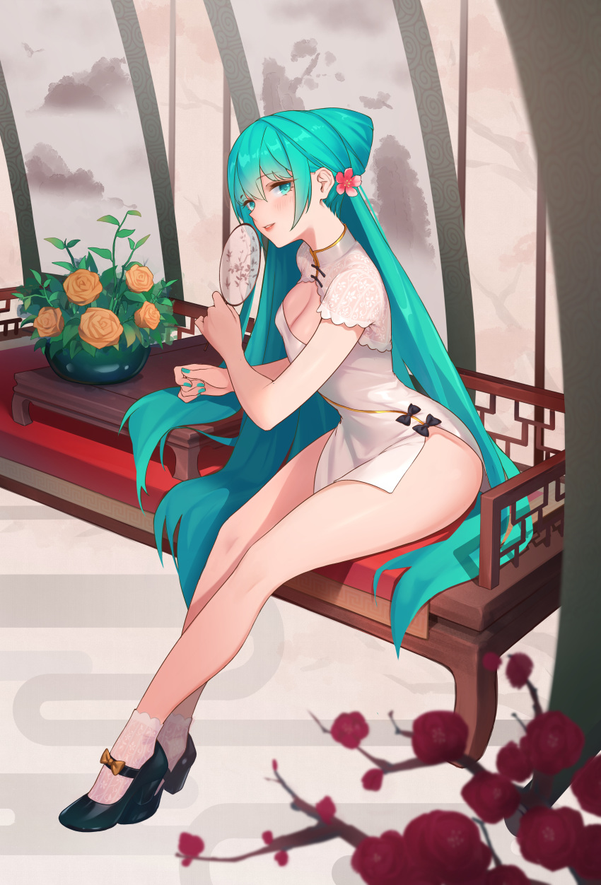 1girl, absurdres, aqua_eyes, aqua_hair, aqua_nails, black_footwear, china_dress, chinese_clothes