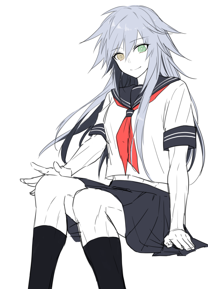 1girl, commentary_request, dodome_ichika, eyebrows_visible_through_hair, feet_out_of_frame, green_eyes, grey_hair, greyscale