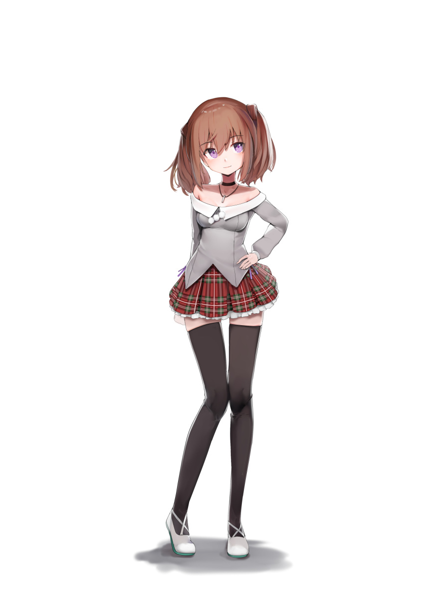 1girl, absurdres, alice_gear_aegis, bare_shoulders, black_choker, black_legwear, blouse, brown_hair