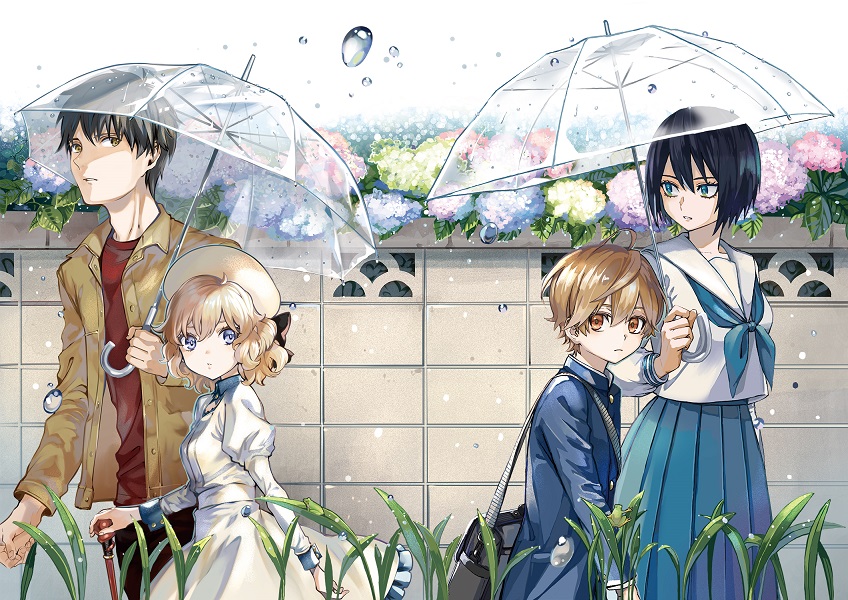 2boys, 2girls, aizawa_fumiki, ame_no_hi_mo_kami-sama_to_sumou_wo, black_hair, blue_eyes, brown_eyes, brown_hair, chashiba_katase, collaboration, creator_connection, dress, gakuran, hat, iwanaga_kotoko, kyokou_suiri, light_brown_hair, long_sleeves, multiple_boys, multiple_girls, rain, sakuragawa_kurou, school_uniform, serafuku, short_hair, togata_maki, tooizumi_manatsu, umbrella, violet_eyes, white_dress, white_headwear, white_legwear