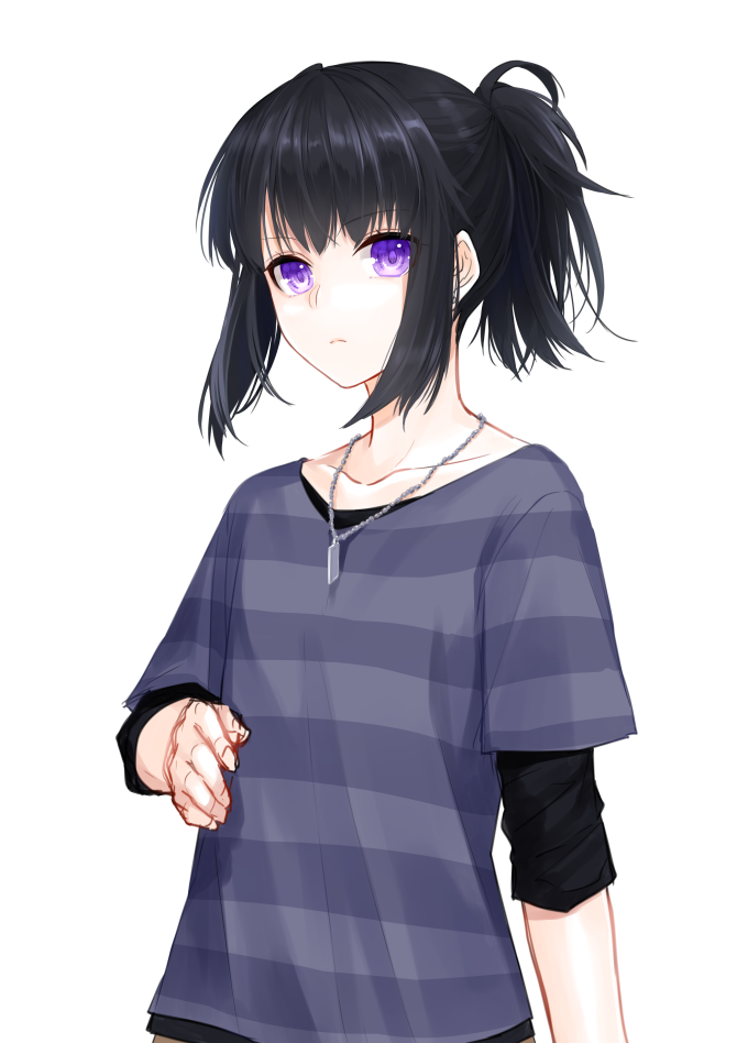 1boy, androgynous, black_hair, black_undershirt, collarbone, commentary_request, eyebrows_visible_through_hair, jewelry