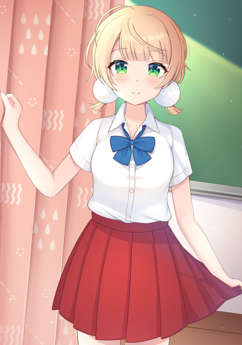 1girl, bangs, blonde_hair, blue_bow, blush, bow, breasts, closed_mouth