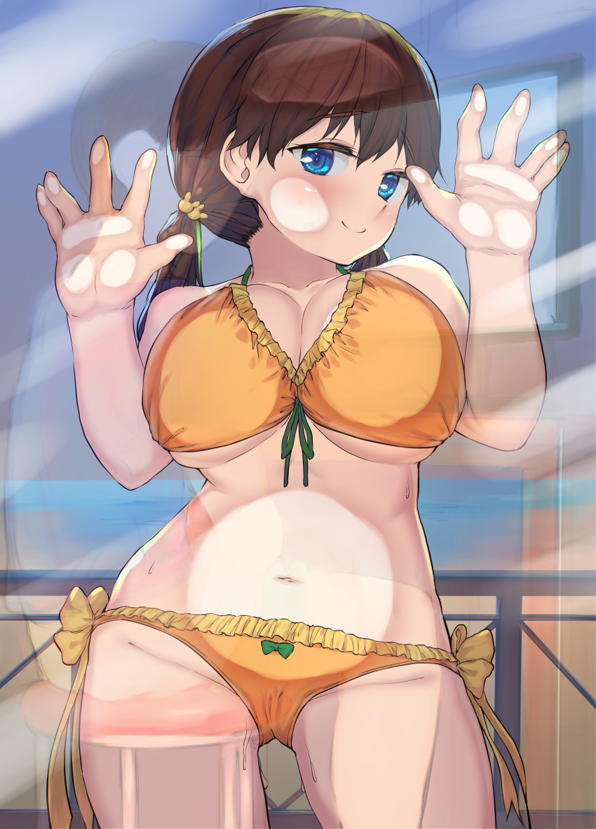 1girl, absurdres, against_glass, bangs, bikini, blue_eyes, blush, breast_press