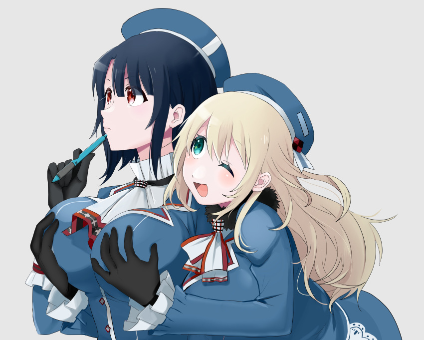 2girls, absurdres, ascot, atago_(kantai_collection), beret, black_gloves, black_hair, blonde_hair