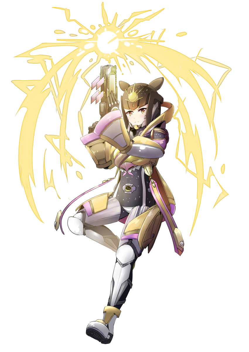 1girl, absurdres, armor, breastplate, expressionless, full_body, gun, helmet