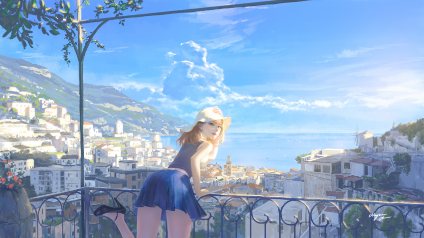 1girl, blonde_hair, blue_eyes, blue_sky, breasts, building, day, hand_on_headwear