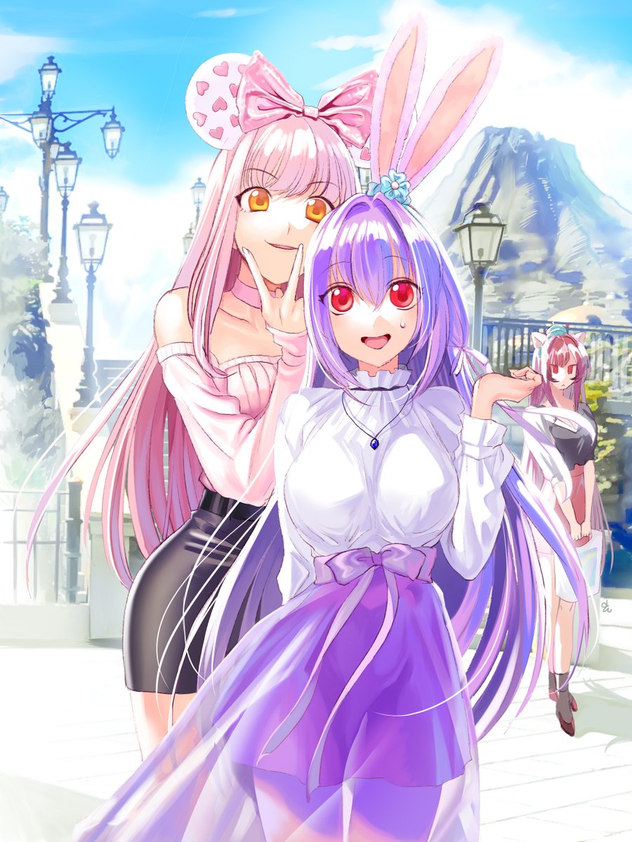 3girls, alternate_costume, animal_ears, bag, bangs, black_skirt, bow, breasts, casual, cat_ears, choker, clouds, cloudy_sky, fate/grand_order, fate_(series), fence, frown, hair_between_eyes, hair_bow, highres, holding, holding_bag, jewelry, lamppost, large_breasts, long_skirt, long_sleeves, looking_at_viewer, medb_(fate)_(all), medb_(fate/grand_order), miniskirt, mountain, mouse_ears, multiple_girls, n_morninglight, outdoors, pavement, pendant, pink_bow, pink_hair, purple_hair, rabbit_ears, red_eyes, scathach_(fate)_(all), scathach_(fate/grand_order), scathach_skadi_(fate/grand_order), see-through, skirt, sky, smile, sweater, yellow_eyes