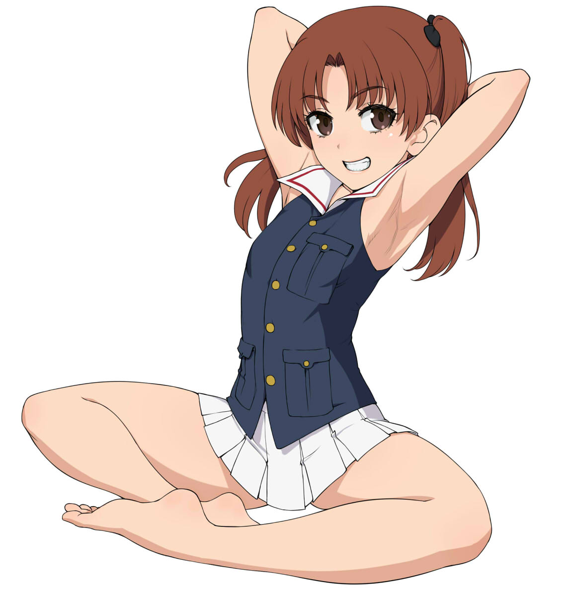 1girl, armpits, arms_behind_head, barefoot, blush, breasts, brown_eyes, brown_hair