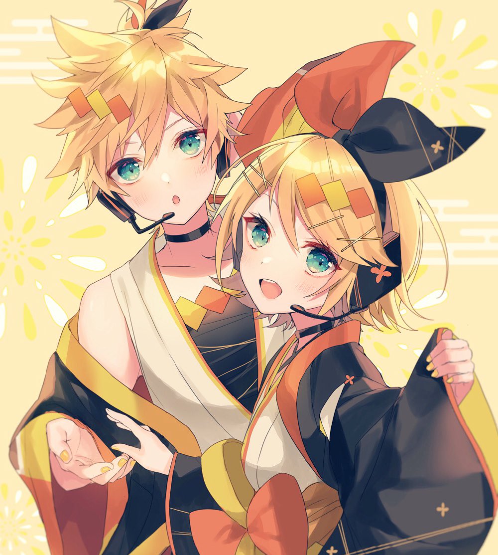 1boy, 1girl, aqua_eyes, bangs, black_bow, black_sleeves, blonde_hair, bow