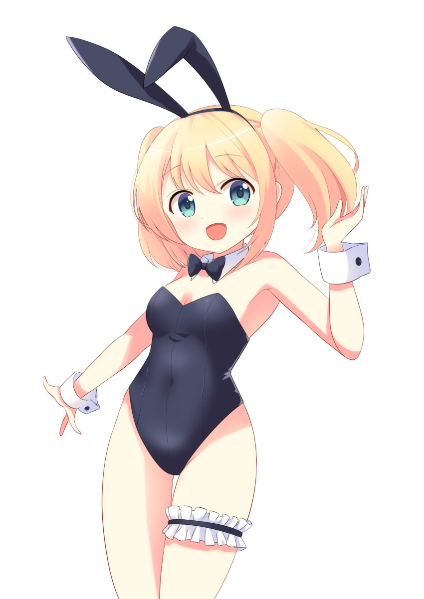 1girl, animal_ears, black_leotard, black_neckwear, blonde_hair, blue_eyes, bow, bowtie, breasts, bunny_girl, bunnysuit, cowboy_shot, detached_collar, fake_animal_ears, furutori, highres, leg_garter, leotard, long_hair, original, rabbit_ears, simple_background, small_breasts, solo, strapless, strapless_leotard, twintails, waving, white_background, wrist_cuffs