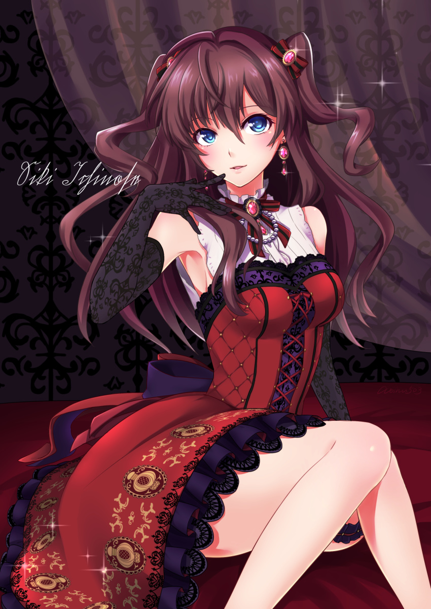 1girl, aoinu_(shuumatsugeki), armpits, bangs, black_background, black_gloves, blue_eyes, brown_hair, character_name, curtains, dress, dress_shirt, earrings, elbow_gloves, eyebrows_visible_through_hair, gloves, hair_between_eyes, highres, ichinose_shiki, idolmaster, idolmaster_cinderella_girls, jewelry, lace_sleeves, long_hair, looking_at_viewer, neck_ribbon, open_mouth, pinafore_dress, red_dress, red_ribbon, ribbon, shiny, shiny_hair, shirt, sitting, sleeveless, sleeveless_dress, sleeveless_shirt, solo, striped, striped_ribbon, twintails, very_long_hair, white_shirt