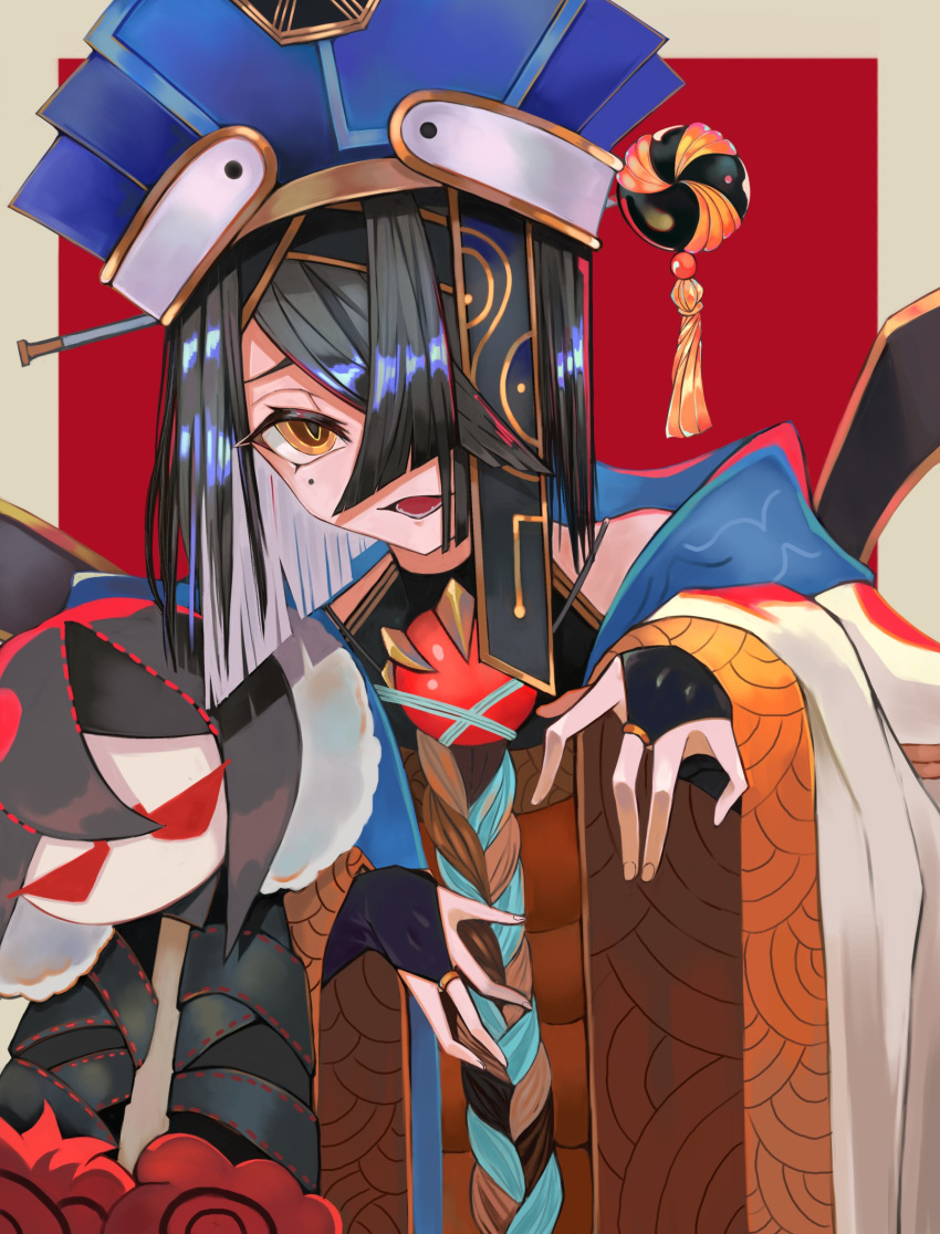 1girl, bare_shoulders, black_hair, blue_headwear, blush, border, breasts, bridal_gauntlets